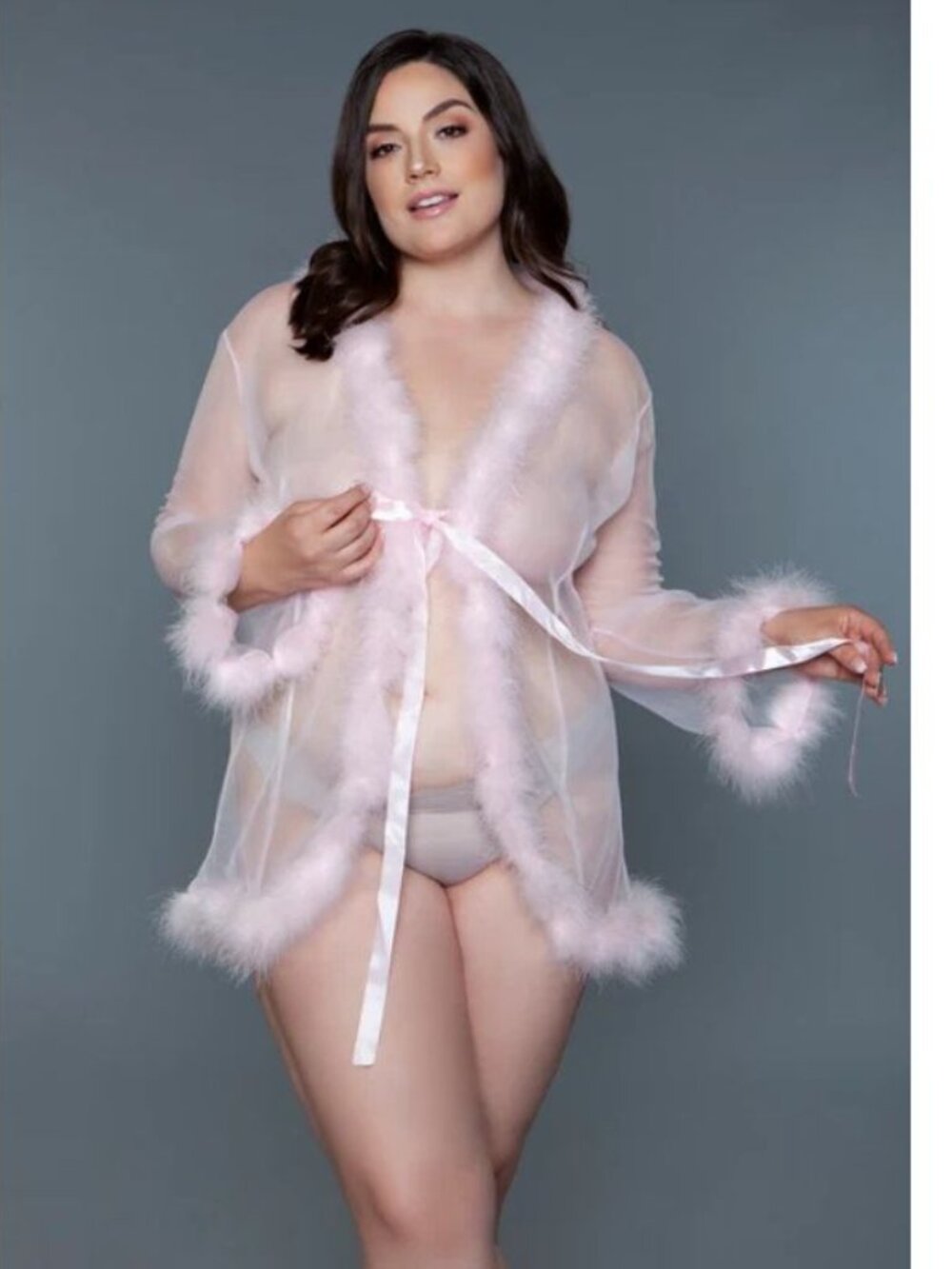 BeWicked BW1650S White Sheer Robe with Faux Fur Trim & Satin Tie